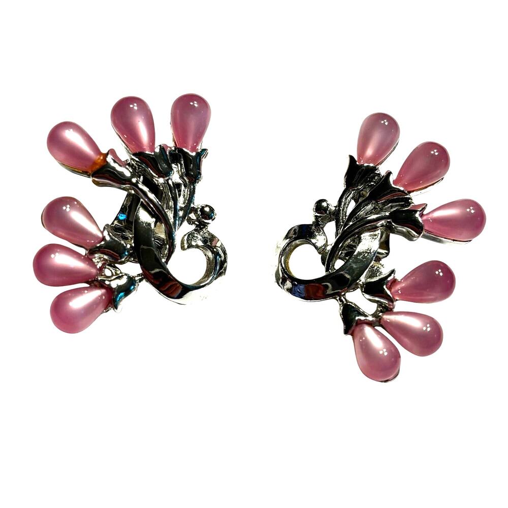 Vintage signed Charel clip on earrings mod silver & pink moonstone splash motif